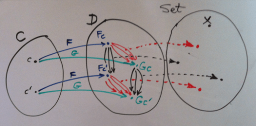 Four hom-sets defined by two functors F and G and two objects c and c'